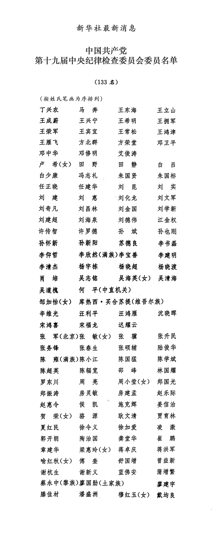 中国共产党第十九届中央纪律检查委员会委员名单