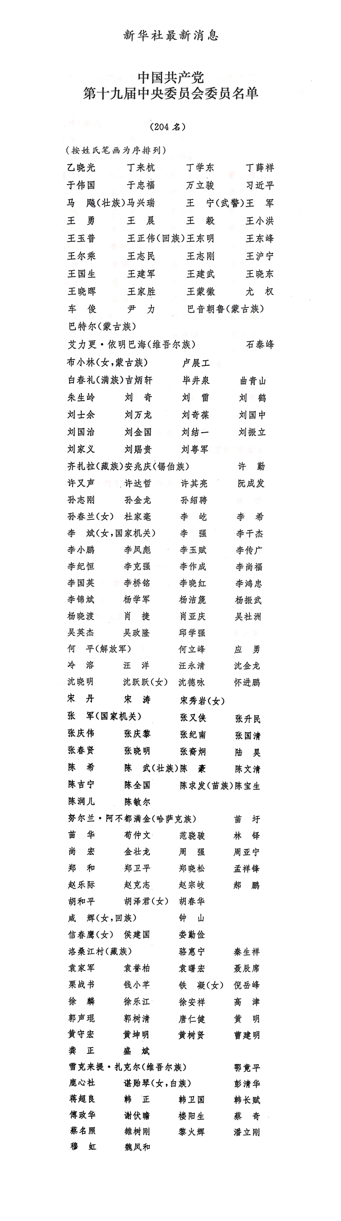 中国共产党第十九届中央委员会委员名单