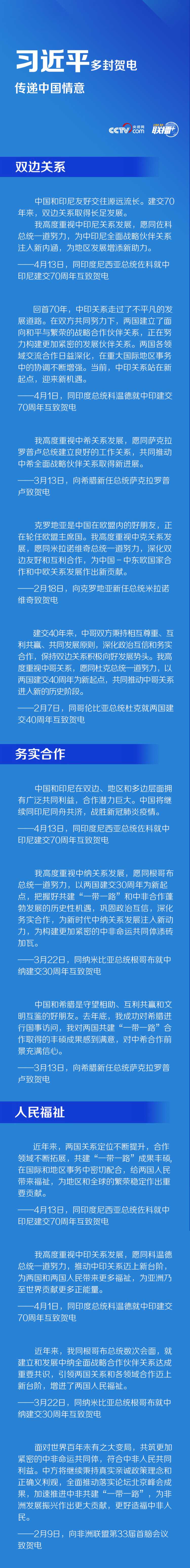 习近平多封贺电传递中国情意